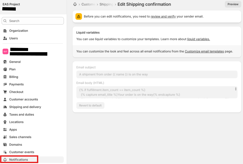 Editing the Shipping confirmation notification template in Shopify admin