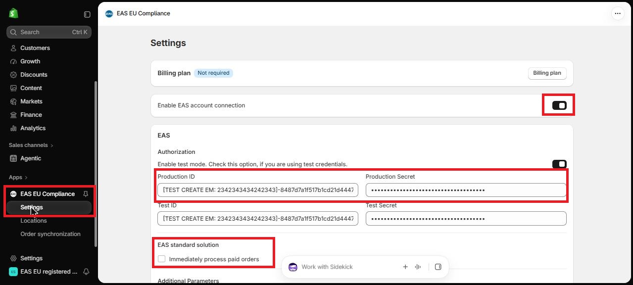 EAS connector settings in Shopify: account connection, test mode, Production ID and Production Secret